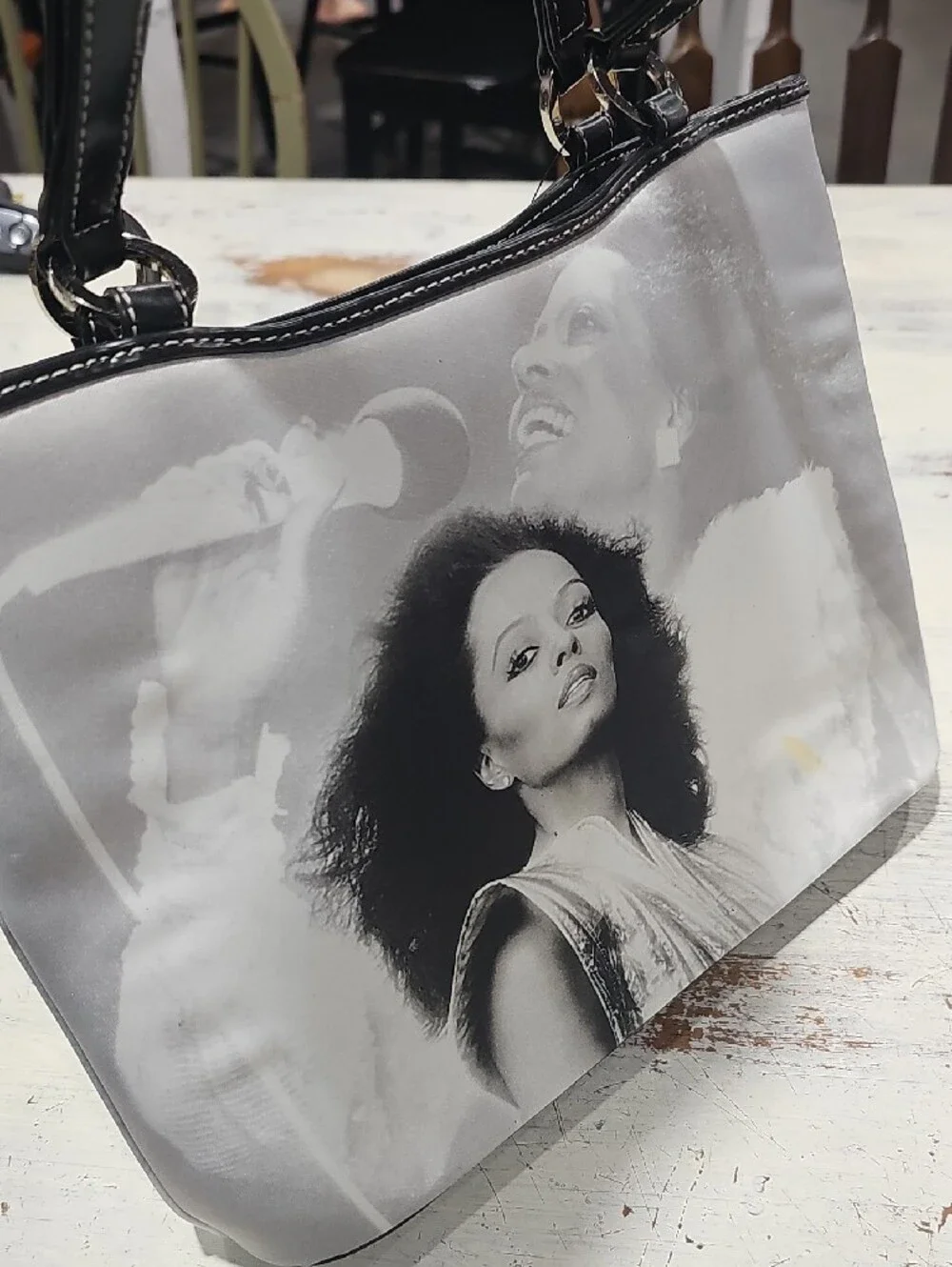 Black & Gray Diana Ross Portrait Graphic Tote Bag with Embellished Accents